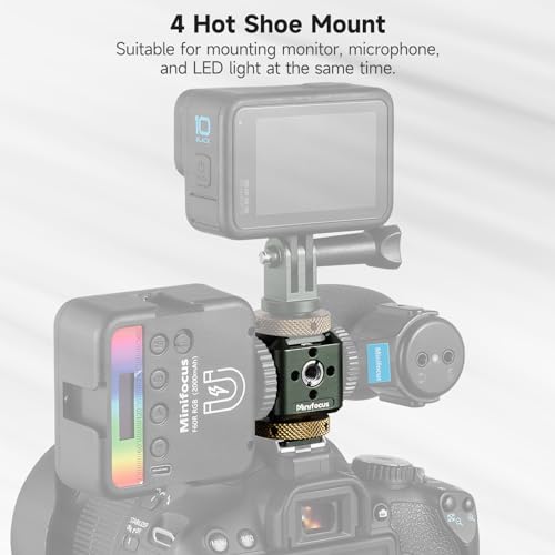 MINIFOCUS Camera Hot Shoe Extension Bracket with Quadruple Cold Shoe Mounts Adapter for Microphone LED Video Light, Aluminum Shoe Mount Holder with 1/4''&3/8'' Thread Hole and Arri-locating Hole