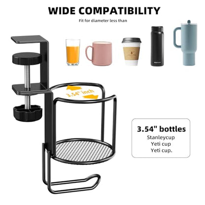 CABTE 2 in 1 Desk Cup Holder with Headphone Hanger Holder, Anti-Spill Clip-On Table Cup Hook with 360° Rotation for Lawn Chair, Office Home Gaming Table (1 Pack) - color: 1 PACK