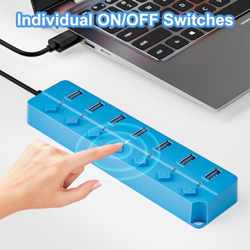 ONFINIO USB Hub 3.0, 7-Port USB Hub Splitter with Individual On/Off Switches and Lights, 3.2ft/1m Long Cable Compatible with MacBook, Laptop, Surface Pro, PS4, PC, Flash Drive, Mobile HDD-Blue - color: Blue