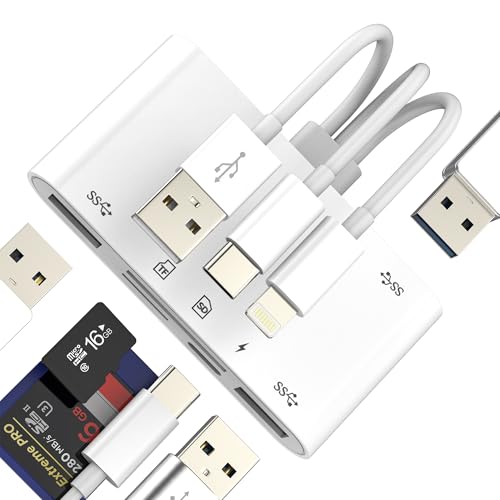 SD Card Reader (6in1) USB Lightning USB C to OTG TF Charger Female Adapter for iPhone 17 16 15 14 13 Pro Max Digital Camera Memory Stick Transfer Android Hub for Ipad Compatible with Samsung