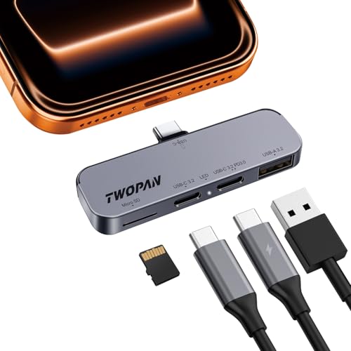 TWOPAN USB C iPhone Hub for ProRes Video Recording - Ultra-Slim Aluminum USB 3.2, Dual USB-C, Micro SD, and Charging Port Hub for iPhone 17/16/15 Pro/Pro Max