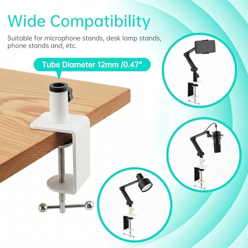 Heavy Duty Metal Desk Clamp,Upgrad C-Clamp Mount for Mic Boom Arm Desk Lamp | 12mm mounting hole. Rubber-lined jaws prevent wear.Fits max 58mm Desk. Quick knob adjustment. For mic arms/phone stands/lamps - color: White