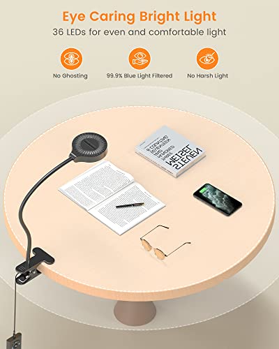 Glocusent 5W Clip on Light, 36 LED Eye Caring Reading Light for Bed, 3 Colors & 5 Brightness Clip on Lamp with Adapter, Perfect Desk Lamp with Clamp/Bunk Bed/Headboard/Table - color: Black