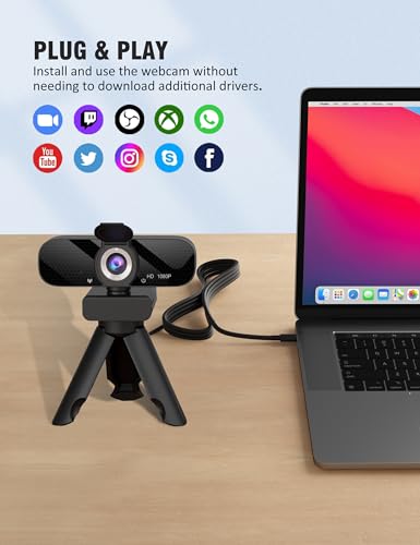 1080P HD Webcam with Built-in Microphone, Rotatable Tripod, Wide-Angle Lens,Privacy Cover, Auto Light Correction, Plug & Play USB-A Webcam for Laptop, Desktop, PC, Streaming-Black-1