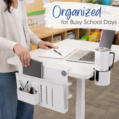 Roowest 2 Pcs Teacher Rolling Desk Accessories Cup Holder & Desk-side Storage Organizer Teacher Classroom Standing Desk Organizer White Laptop Holder with 2-layer Anti-spill Under Mug Hook, Heavy Duty