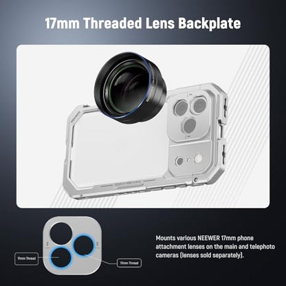 NEEWER Phone Cage Compatible with iPhone 17 Pro Max, Quick Release Video Rig Stabilizer Accessories with 67mm Filter Ring, 17mm Lens Backplate, T Mount Adapter, 4X Camera Control Cap, PA144 (Silver)