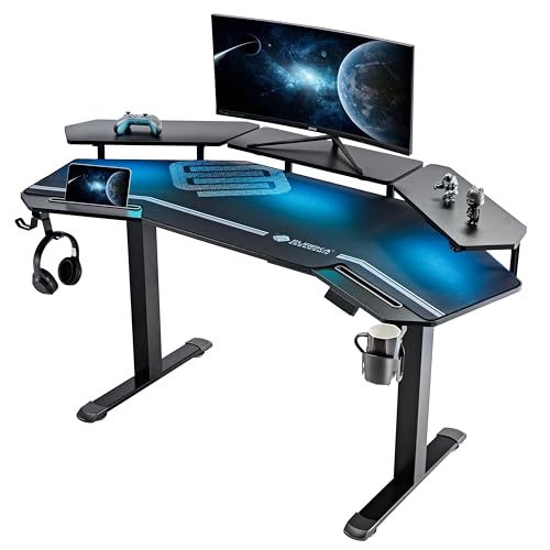 EUREKA ERGONOMIC Gaming Desk Adjustable Height Standing Desk 63" Wing Shaped Music Studio Table Workstation w Full Coverage Mousepad, 3 Stands, Dual Headphone/Cup Holder, Ipad-Slot - color: Black, size: 63"W x 48"H-Adjustable