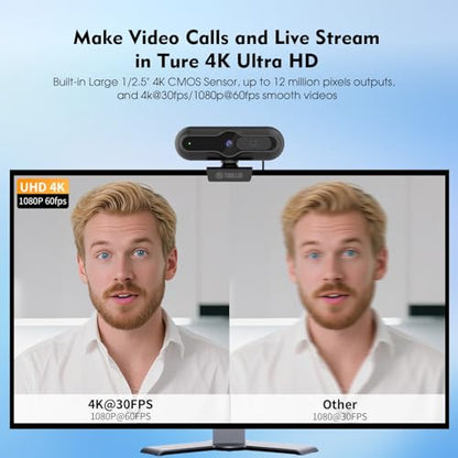TOALLIN 4K Webcam for PC, 1080P@60FPS, PDAF Autofocus, 1/2.5" Sensor & 12MP, Built-in Mic, Sliding Privacy Cover, USB Web Camera for Streaming, Gaming, Conferencing and Video Calls