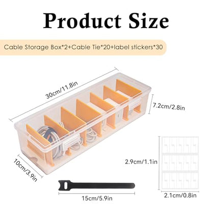 Klmnop 2 Pack Cable Organizer Box with 20 Wire Ties 30 Cable Labels, Clear Plastic Cord Storage Box with Lid, Phone Charger Organizer for Home Office Desk Drawer(Clear)