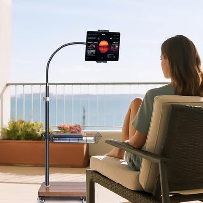 wishacc Adjustable Floor Tablet Stand with Rolling Base, Flexible Gooseneck Mount, Wood Platform, Mobile Device Holder for Indoor Use - size: 15.4 x 11 x 11 inches