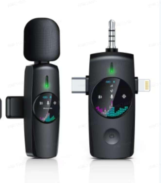 Wireless Lavalier Microphone with Charging Case, LED Display, Dual Receivers for Lightning and USB-C - color: Black