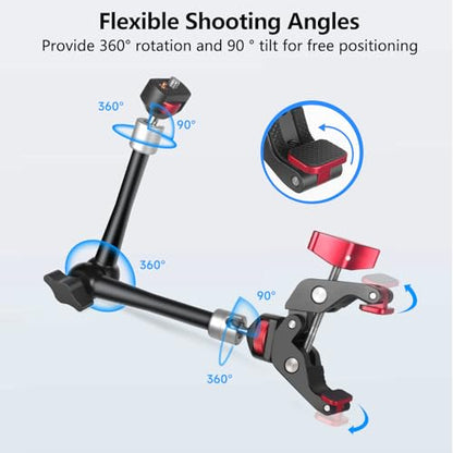 HEMMOTOP 11in Magic Arm Camera Mount Clamp, Max. Payload 5.5 LBS Articulating Arm with Anti-Twist Pins, Rotatable Pads, Adjustable Friction Arm for Monitor, LED Light, Camera Video Rig MS02 - size: 11 in