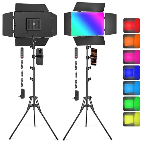 2 Pack RGB LED Video Light with Barndoor, 2500K-8500K CRI 98+ Dimmable Bi-Color LED Studio Light Panel, 12 Effects Photography Lighting Kit for Video Recording Shooting Live Streaming Podcast - size: 2 Pack