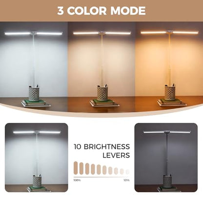 Voncerus LED Desk Lamp for Home Office, Double Head Architect Light with Clamp, Computer Monitor Clip on Light, 3 Modes and 10 Brightness, Adjustable Flexible Goose-Neck, Table Task Lamp, White - color: White Pro
