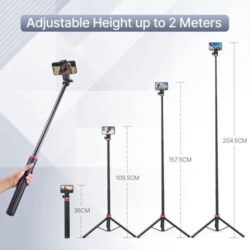 ULANZI 81" Tall Tripod for Camera&Phone, Extendable Aluminum Light Stand, Adjustable Travel Tripod with 1/4" Screw&Phone Clamp, 360° Ball Head, for Camera Video Light, for Vlog/Livestream/Ring Light