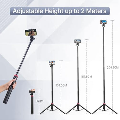 ULANZI 81" Tall Tripod for Camera&Phone, Extendable Aluminum Light Stand, Adjustable Travel Tripod with 1/4" Screw&Phone Clamp, 360° Ball Head, for Camera Video Light, for Vlog/Livestream/Ring Light