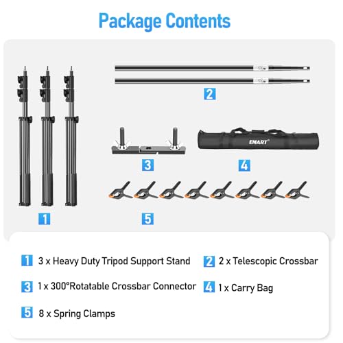 EMART Back Drop Adjustable Stand, 10x20 Backdrop Stand Heavy Duty Photography Background Support System Kit with 300° Angle Rotatable Connector and 8 Spring Clamps for Parties, Wedding, Photo Studio - size: 20×10ft(W×H）
