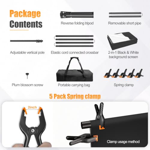 5x8ft Black & White Photo Backdrop with Stand, 2-in-1 Revisible Black White Background Screen with Portable T-Shape Stand,Carry Bag and 5 Clamps for Photography Video Meeting Streaming