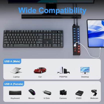 ONFINIO Powered USB Hub, 10-Port USB Splitter Hub (7 Faster Data Transfer Ports+ 3 Smart Charging Port) with Individual LED On/Off Switches and 12V/3A Power Adapter USB Extension for Mac, PC and More - style: 10 PORT QC 3.0