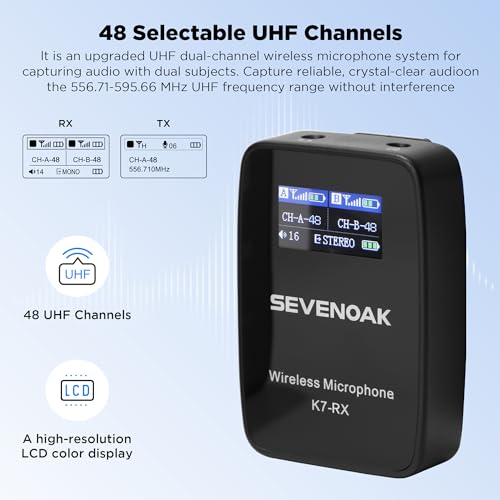 Sevenoak K7 UHF Wireless Lavalier Microphone System for Cameras DSLR Smartphone, 48-Channel,164ft Range,Compact Clip-on Lapel Microphones for Video Recoding YouTube Live Streaming Interview