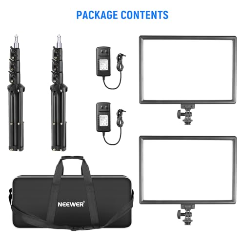 NEEWER 13" LED Video Light Panel Kit, 2 Pack Bi Color Dimmable with Tripod Stand, 4000mAh Battery, 3200K-5600K CRI97+, USB, for Studio/Streaming/YouTube, Black, NL-192AI
