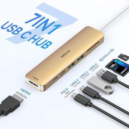 USB C Hub HDMI Adapter for MacBook Pro/Air, MOKiN 7 in 1 USB C Dongle with HDMI, SD/TF Card Reader, USB C Data Port,100W PD, and 2 USB 3.0 Compatible for MacBook Pro/Air, Dell XPS, Lenovo Thinkpad. - color: gold