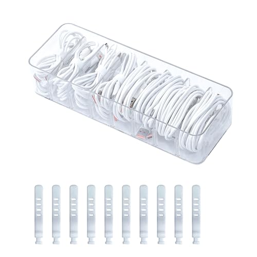 Clear Cable Cord Organizer Box, Adjustable Desk Drawer Storage Case for Home Office Supplies, Battery and Cell Phone Charger, Plastic Art Crafts Container - color: Clear ( without Lid ), size: 1 Pack