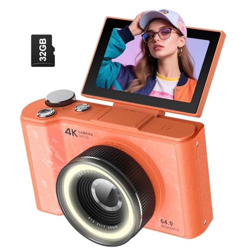 W & O Digital Camera for Teens,Kids Digital Camera with 32G SD Card,180°Flip Screen Camera for Photography Vlogging, with Fill Ligh,Point and Shoot Digital Cameras for Kids,Teens,Beginner（Orange） - color: Orange