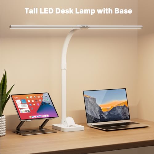 LED Desk Lamp with Base - Bright Dimmable Computer Lamp with Phone Holder, 24W Bendable Desk Light for Monitor Screen, Eye-Caring Tall Desktop Light for Task Home Office Work, White, Dual Head - style: Base Version - White