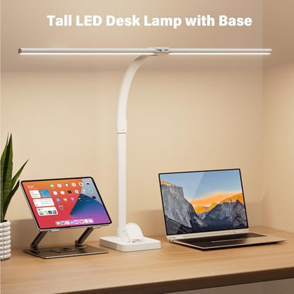 LED Desk Lamp with Base - Bright Dimmable Computer Lamp with Phone Holder, 24W Bendable Desk Light for Monitor Screen, Eye-Caring Tall Desktop Light for Task Home Office Work, White, Dual Head - style: Base Version - White