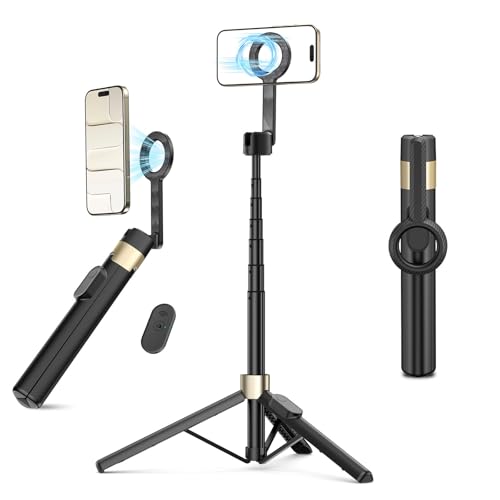 Vimose Magnetic Tripod for iPhone, Selfie Stick Tripod for Magsafe, 360° Rotatable Travel Tripod Cell Phone Stand, Video Accessory with Metal Ring & Remote, Compatible with iPhone Android, 60" - color: Matte Black, size: 60 Inches