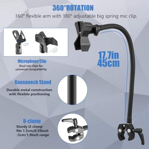 Gooseneck Microphone Stand, Flexible Microphone Holder with 2 Universal Mic Clip, Mic Stand Desk with 3/8" to 5/8" Adapter for Music Stand Tripod & Desktop, Podcast, Live Streaming, Recording Studio
