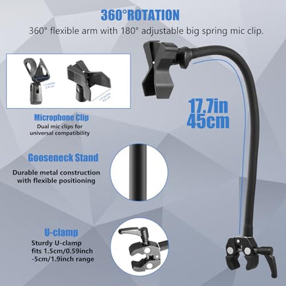 Gooseneck Microphone Stand, Flexible Microphone Holder with 2 Universal Mic Clip, Mic Stand Desk with 3/8" to 5/8" Adapter for Music Stand Tripod & Desktop, Podcast, Live Streaming, Recording Studio