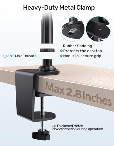 19-Inch Gooseneck Mic Stand for Desk - Clamp On Desktop Microphone Arm with Heavy-Duty Table Clip, 5/8" to 3/8" & 1/4" Adapters Included, Ideal for Podcast, Pulpit & Podium Mic Holder, Black - size: Heavy-Duty Clamp