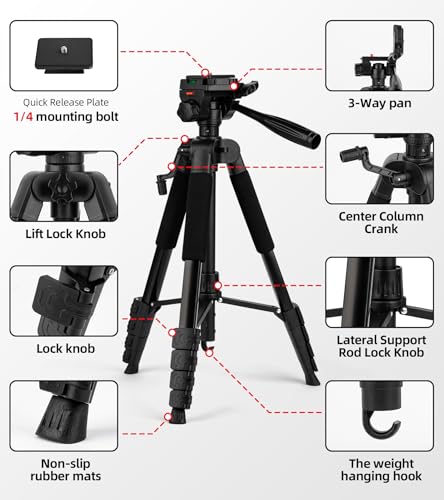 64” Tripod for Cell Phone & Camera,Multi-Angle Portable Tripods Stand, Sturdy & Stable Height Adjustable Lightweight Travel Outdoor DSLR Tripods Vlog Video Recording Photos - size: 64in(Alu)