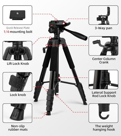 64” Tripod for Cell Phone & Camera,Multi-Angle Portable Tripods Stand, Sturdy & Stable Height Adjustable Lightweight Travel Outdoor DSLR Tripods Vlog Video Recording Photos - size: 64in(Alu)