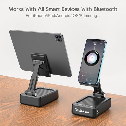 TechGlow Foldable Cellphone Stand with Bluetooth Speaker and Charging Function Birthday Gifts for Men Women Mother Father Boy Girl Teens Cool Tech Gadgets - color: Black