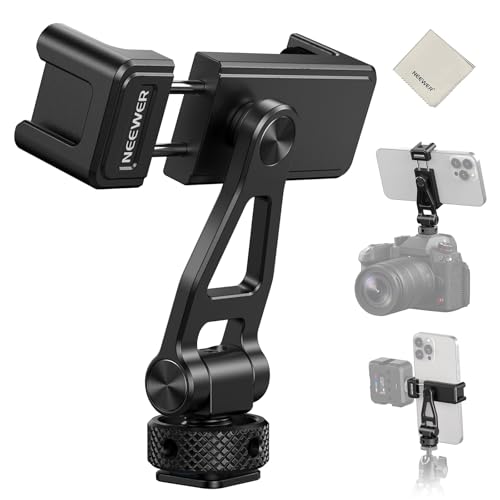NEEWER Adjustable Phone Tripod Mount with Cold Shoe 1/4" Thread 180° Tilt 360° Rotation Cleaning Cloth Phone Clamp Holder Compatible with iPhone Samsung Android Camera Cage for Video Recording, GA010 - style: GA010 w/Cleaning Cloth