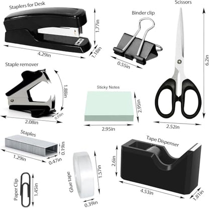 Black Office Desk Accessories, Black Office Supplies Set, Desk Drawer Organizer,Stapler and Tape Dispenser Set,Tape,Staple Remover, Staples, Paper Clips, Scissor and Sticky Note - color: Black