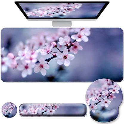 Desk Mat Set + Keyboard and Mouse Pad with Wrist Rest Support,4-in-1 Large Mousepad Computer Mats for Desktop Home & Office-Cherry Bloosom - color: L1-Cherry Blossom