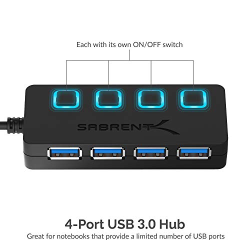 SABRENT 4-Port USB 3.0 Hub with Individual LED Power Switches - Slim, Portable Design - 2 Ft Cable - Fast Data Transfer - Compatible with Mac & PC (HB-UM43) - color: Black
