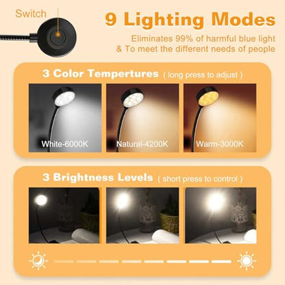 KTEBO Rechargeable Book Light for Reading in Bed, Eye Caring Book Reading Lamp with 10 LED Modes, 1.3 oz Lightweight Portable Clip on Light, 360 Adjustable Clamp Light Perfect for Readers | 9 eye-friendly modes from 3 color temperatures and 3 brightness,