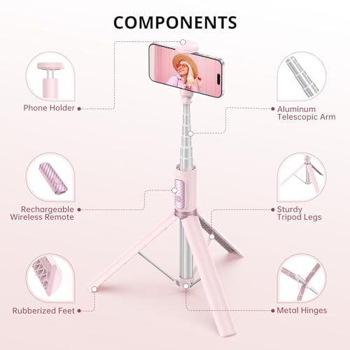 ATUMTEK 55" Selfie Stick Tripod, All-in-one Extendable Aluminum Phone Tripod with Rechargeable Bluetooth Remote for iPhone and More, Fitting 4.7-7 inch Smartphones, Pink