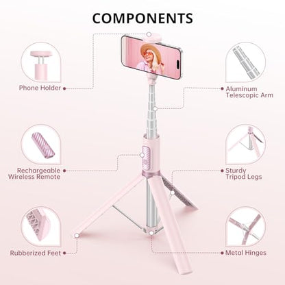 ATUMTEK 55" Selfie Stick Tripod, All-in-one Extendable Aluminum Phone Tripod with Rechargeable Bluetooth Remote for iPhone and More, Fitting 4.7-7 inch Smartphones, Pink