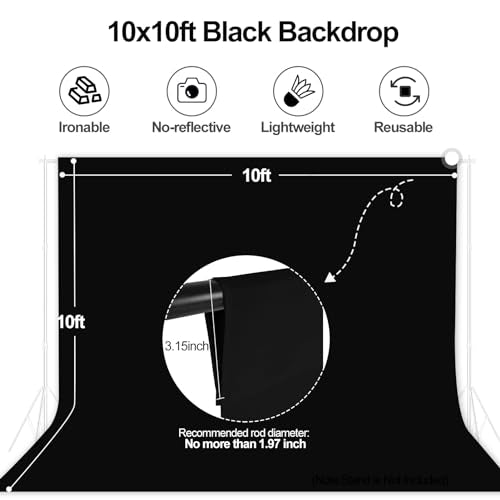 EMART 10x10ft Black Photo Backdrop Screen for Photography, Large Negros Drapes Party Background Curtain, Polyester Fabric Sheet Video Studio Portrait Photoshoot - size: 10x10ft