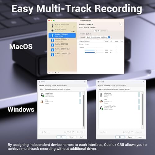 Cubilux CB5 USB Audio Interface for Recording, Streaming, Podcasting, USB to 3.5mm Sound Card with Stereo Microphone Input, Line-In, Line-Out & Headphone Jack for Monitors, Support Windows & Mac OS