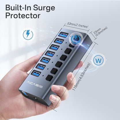 Powered USB 3.2 Hub, ACASIS 7 Ports USB 3.2 Hub with 10Gbps Data Speed, Aluminum Housing, USB Hub Powered with 24W Power Adapter, USB Hub for PC/Laptop, Computer, Flash Drive, Printer, Camera - size: 7 ports