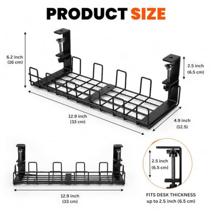 2 Pack Under Desk Cable Management Tray, No Drill Metal Cord Organizer with Clamp Mount, Wire Management Rack for Home Office PC Setup, Black