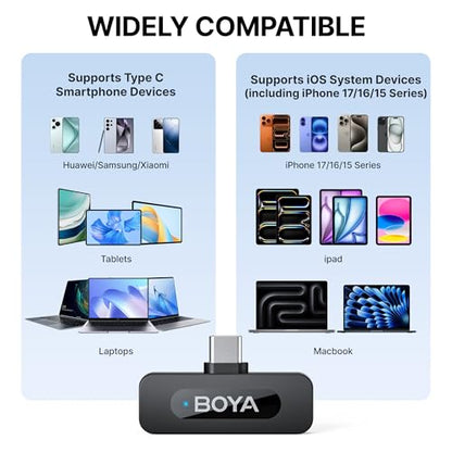 BOYA BY-V20 Wireless Microphones for iPhone 17/16/15 & Android/Laptop with USB-C Port, 328ft Range, 9H Battery Life, Noise Reduction Mini Mic Clip on Lapel Microphone Wireless for Video Recroding - size: 2TX+USB-C RX