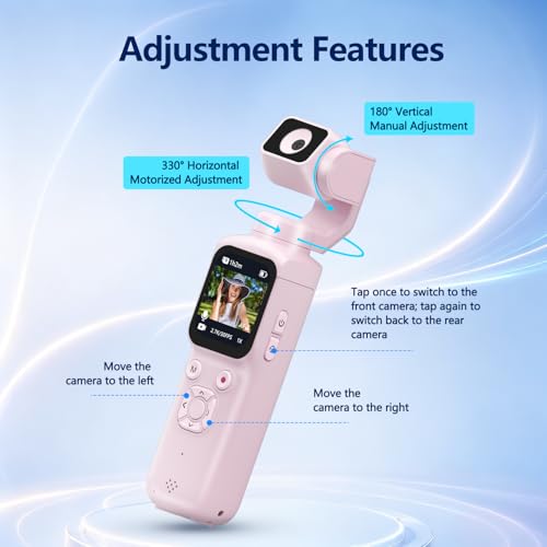 4K Vlogging Camera with 330° Rotating Lens & Face Tracking, Portable Pocket Digital Camera for YouTube TikTok with WiFi, Includes 16GB Card, Tripod & Carrying Bag, Pink - color: Pink